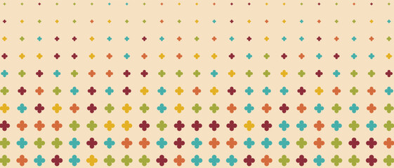 Vector retro 70s background. Vintage psychedelic wallpaper with colorful abstract shapes, halftone texture, and rainbow elements. Nostalgic groovy design for posters, banners, and wall art