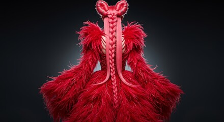 Back View of Elegant Model in Red Feather Couture Gown with Braided Hair hair style model
