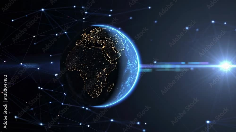 Poster Planet earth slowly rotates in space, showcasing network connections and a lens flare effect, creating a captivating visualization of global communication and technology