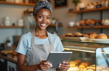 Smiling african woman holding tablet in bakery shop. Small business owner wearing apron in pastry store. Happy employee at workplace. Woman with digital tablet at showcase. Entrepreneurship concept.