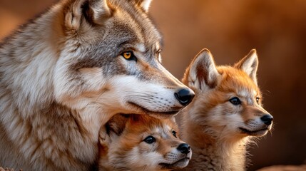 Fototapeta premium Natural wildlife photography of wolf mothers and cubs, realistic fur texture, warm golden-hour lighting, dynamic and immersive