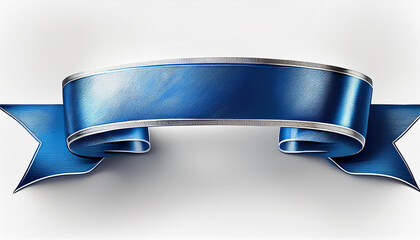 a blue ribbon banner with a silver trim is isolated on a white background the banner is curved and has a blank space in the center for text generative ai