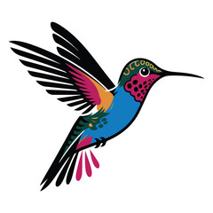 vector illustration of a single hummingbird. The hummingbird is rendered with big, bold strokes and a lively color palette, in a clean style. The hummingbird is perched on a branch