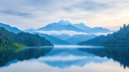 Serene Mountain Landscape with Calm Waters and Misty Atmosphere