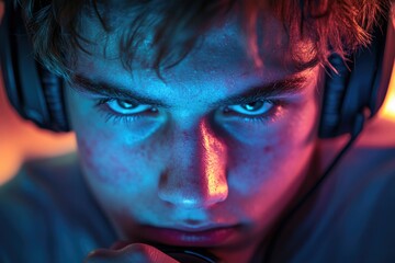 Close-up of a young man's intense face, illuminated by vibrant blue and red lighting, wearing headphones.