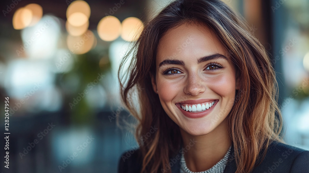 Wall mural Portrait of a happy smiling business woman with brown hair in the office wearing a suit, blurred background.