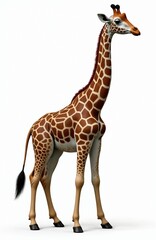 Obraz premium Side view of standing giraffe with brown spots against white background. Long neck african mammal isolated on white. Tall animal from zoo for kids educational purpose. Wild nature with unique pattern.