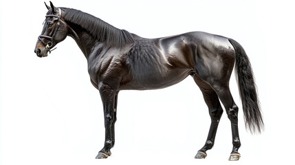 Side view of a black horse standing on four legs isolated on a white background .