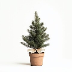 A small potted Christmas tree with lush green foliage and a decorative bow, set against a minimalistic white background.