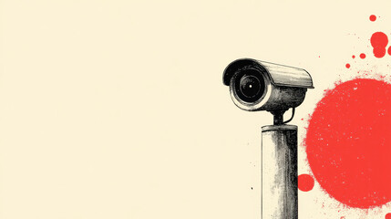 Surveillance Camera on Pole with Red Paint Splatter Background