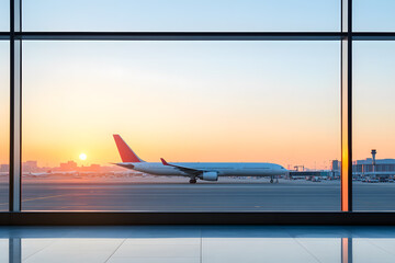 Airplane at dawn: An airplane is getting ready for takeoff viewed through a large window at an airport during a picturesque sunrise or sunset.