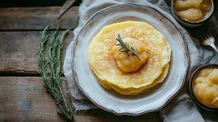 Golden pancakes stack topped with fruit compote and rosemary on a rustic plate, inviting and delicious breakfast or brunch.