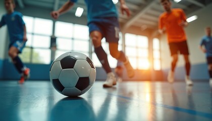 Indoor soccer match. Close-up of soccer ball on shiny gym floor. Players in motion during game in sports hall. Active lifestyle and team sport concept. Football competition or futsal training.