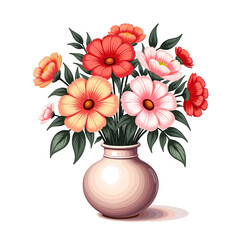Clipart on transparent background  Flat vector bouquet of fresh flowers in a vase, modern aesthetic for infographics