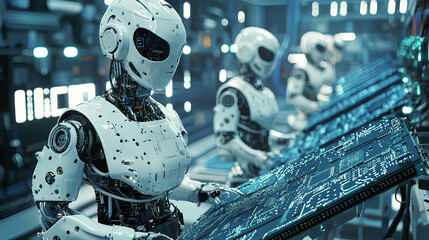 Advanced Circuit Board Production: Robotic assembly of electronic circuit boards in a smart factory with Industry 4.0 technologies. Show the precision and automation involved in the processjpg