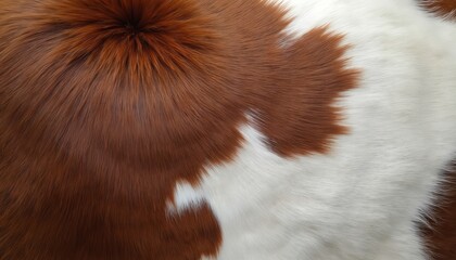 Close-up on red brown and white cow fur texture. Detailed animal skin pattern creates nature abstract surface. Seamless cowhide material great for vintage decor, fashion, background.