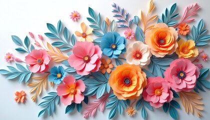 3D flower card design template with floral motifs. Feminine sticker art in pastel hues, paper sculptures, shaped canvas. Spring blossom bouquet in pink, purple, blue colors. Decorative bloom gift,