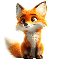 Fluffy 3D Cartoon Fox with Glowing Orange Fur and Big Eyes Isolated on Transparent Background
