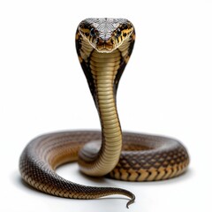 Fototapeta premium King Cobra full body. Front view of snake isolate on transparency background. Dangerous reptile has black, gold skin scales. Aggressive wild predator from jungle. Hooded cobra preparing to attack.