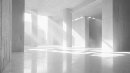 Fototapeta premium An elegant, minimalist white studio room with large open spaces, clean lines, and bright corners