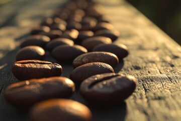 Roasted coffee beans arranged in a line on a wooden surface, bathed in warm sunlight.