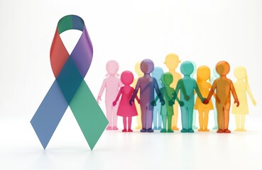 Colorful awareness ribbon for rare disease day on white background. Group of diverse stick people holds hands. Symbolizes solidarity, hope, global community support on february 28 campaign.