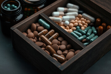 Various pills and capsules organized in a wooden storage box for health and wellness