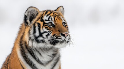 Naklejka premium A majestic tiger in side profile, set against a white background, highlighting its powerful features