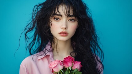 Naklejka premium A young woman wearing a pastel spring dress holds pink roses with a soft blue background behind her