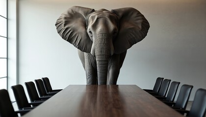 Elephant stands at conference table in meeting room, symbolizing difficult or ignored problem. Metaphor for elephant in room. Surreal animal in corporate office, creative business leadership concept.