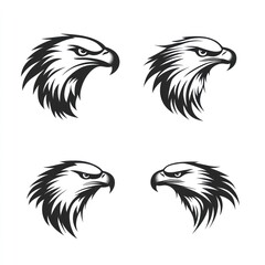 Four stylized eagle head designs in black and white