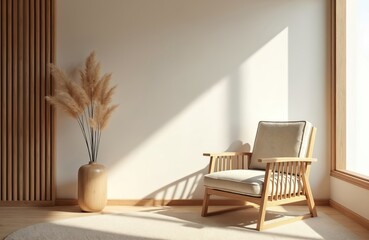 Modern living room interior in neutral colors with comfy armchair by window. Wooden wall panels and vase with dried plants. Minimalist home decor and furniture in sunlight, copy space.