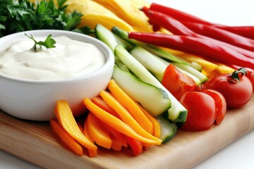 Fresh vegetable platter with dip and assorted sliced peppers, tomatoes, and cucumbers