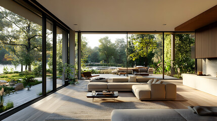 Modern home interior with panoramic views, sunlight streaming in, outdoor living area visible, suitable for real estate, architectural, or lifestyle photography