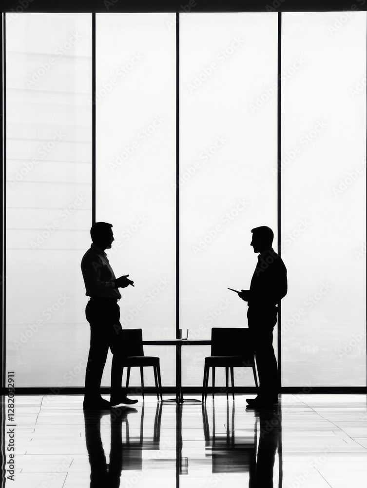 Poster silhouettes of two executives engaging in discussion at a modern office during daylight. generative 