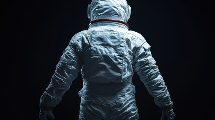 An astronaut in a detailed spacesuit stands with arms outstretched, facing away against a dark background, evoking a sense of exploration