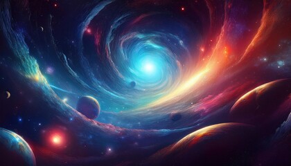 Obraz premium An animated galaxy scene with swirling nebulae, twinkling stars, and distant planets, creating a mesmerizing view of deep space filled with vibrant colors and cosmic motion. 
