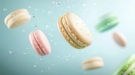 Wall murals Сolorful macarons (green, pink, yellow, orange) float with water droplets against a light blue background, creating a whimsical and appetizing scene