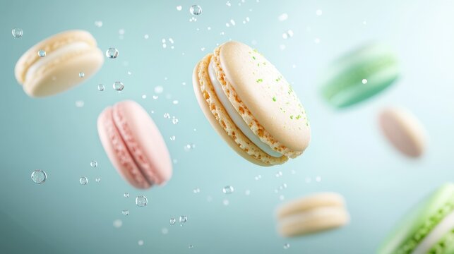 Сolorful macarons (green, pink, yellow, orange) float with water droplets against a light blue background, creating a whimsical and appetizing scene - Powered by Adobe