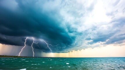 Dramatic storm clouds with lightning over a tranquil ocean at sunset, showcasing nature's power