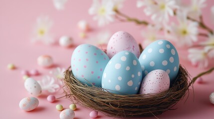 Fototapeta premium A charming Easter scene with polka-dotted blue and pink eggs in a nest, surrounded by white flowers on a soft pink background