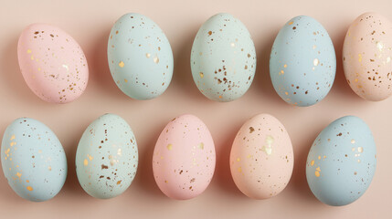 Pastel colored Easter eggs with glitter on a beige background.