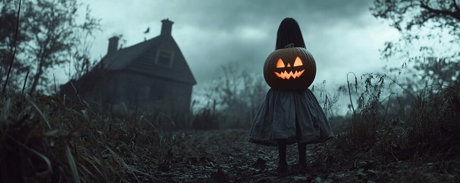 Mysterious girl holding a jack-o'-lantern walking towards an abandoned house in the woods