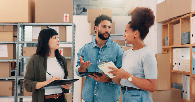 Group, shipping and business people in discussion for logistics, inventory or cargo management. Distribution, worker or planning in warehouse for supply chain, stock or training on tablet in startup