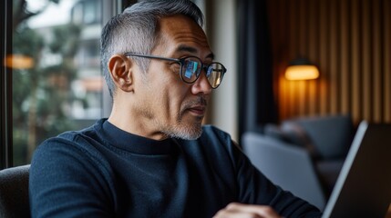 Man using laptop in room.