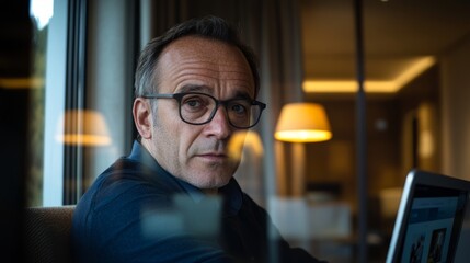 "Man with glasses sitting in a room using a laptop."