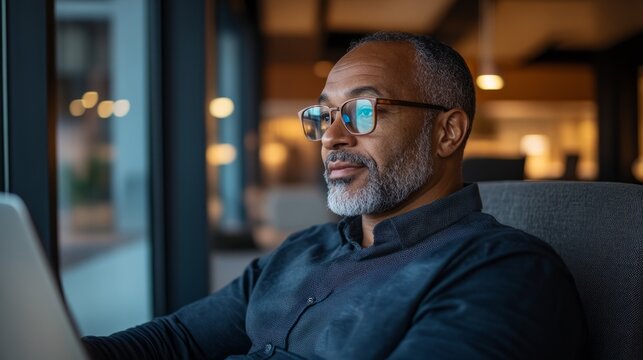A man sitting at a desk using a laptop, viewed from a high angle.