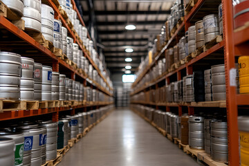 Fototapeta premium Warehouse storage: Rows of kegs line industrial shelving, showcasing organized inventory. Clean warehouse floor leads to a window at the end of the hall.