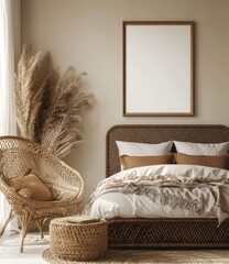 Beige bedroom with wicker chair, pampas grass, and bed.