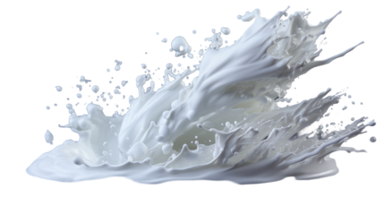 Milk Splash Creamy White Liquid, Dramatic Texture for Food and Drink Themes, isolated on transparent background.